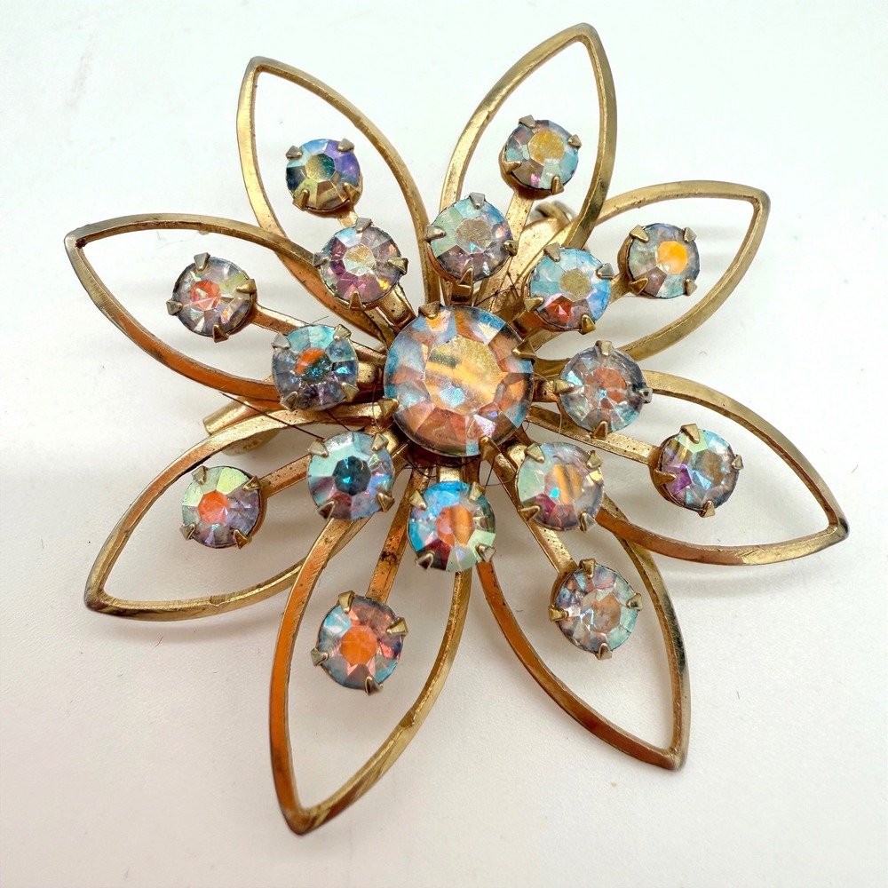 Vintage 1950s Gold Tone AB Rhinestone Open Petal Flower Brooch